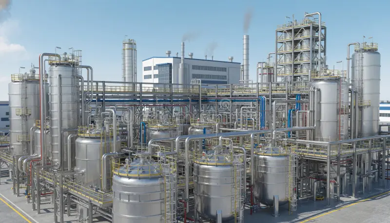 exterior view large modern industrial chemical petroleum plant numerous metal storage tanks complex pipes 420018895