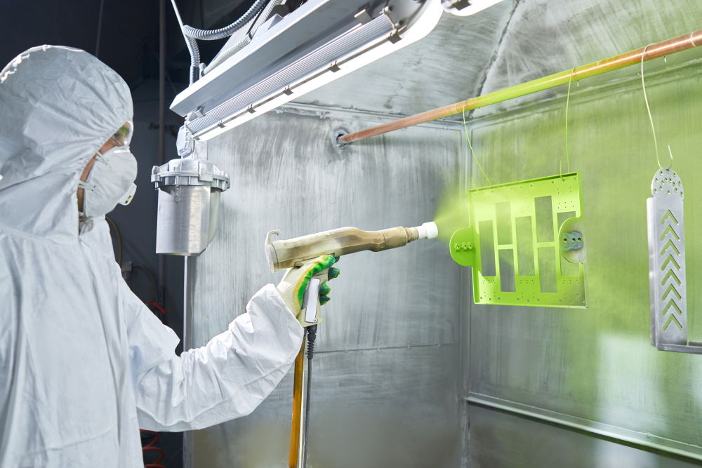 powder,coating,of,metal,parts.,worker,wearing,protective,wear,performing